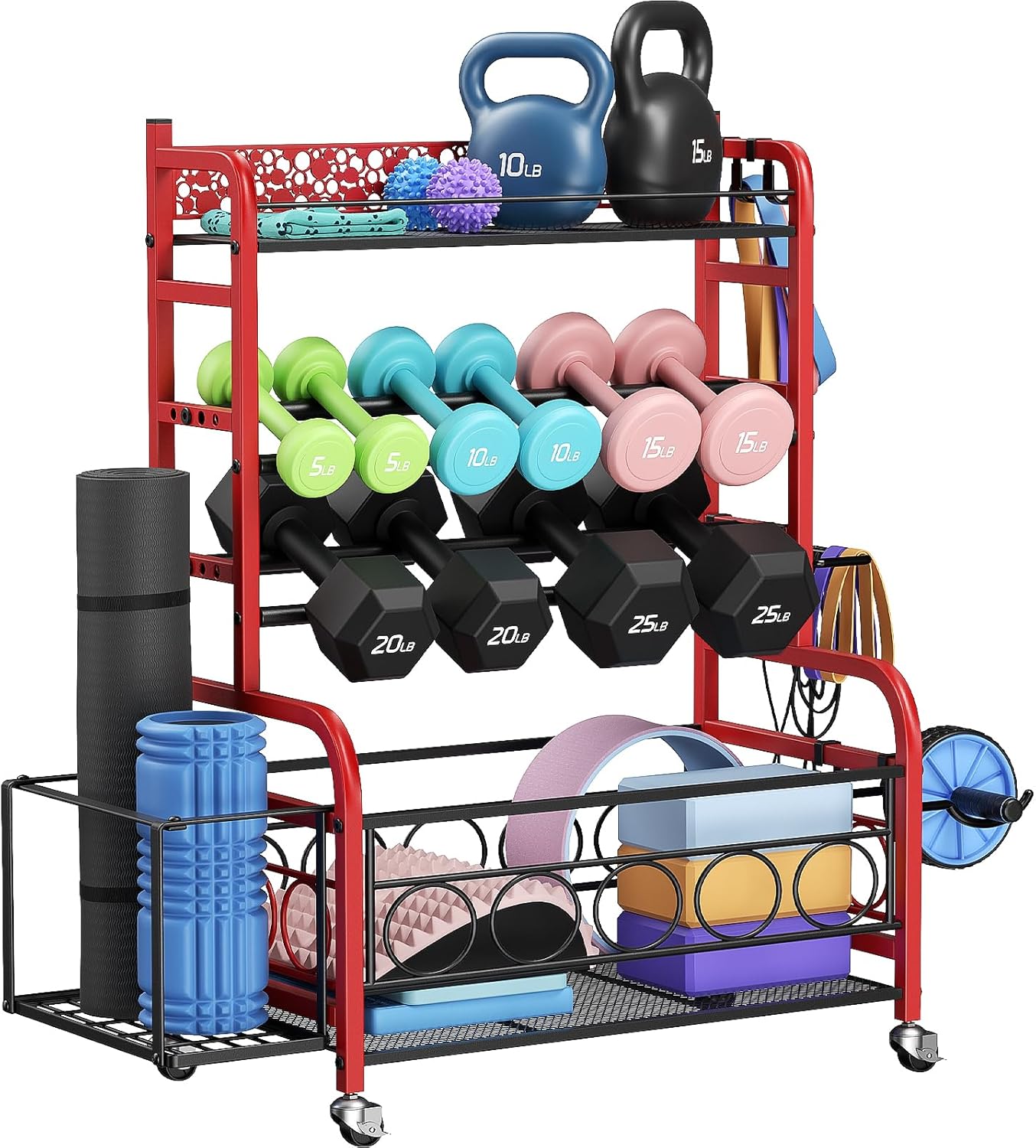 Dumbbell Rack, VOPEAK Weight Rack for Home Gym, Home Gym Storage Rack for Yoga Mat Kettlebells and Strength Training Equipment, Weight Storage Rack for Dumbbells with Wheels