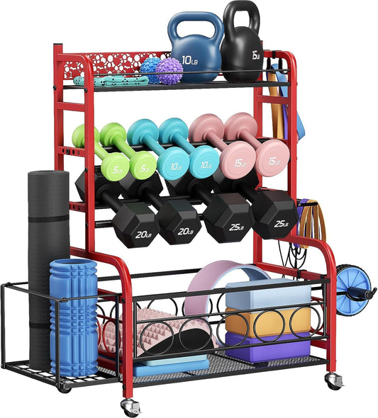 Dumbbell Rack, VOPEAK Weight Rack for Home Gym, Home Gym Storage Rack for Yoga Mat Kettlebells and Strength Training Equipment, Weight Storage Rack for Dumbbells with Wheels