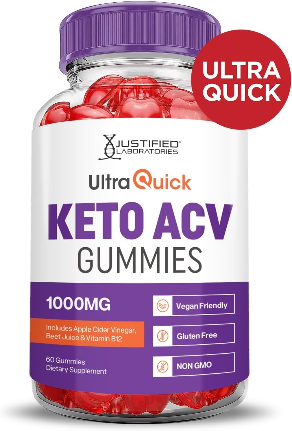Justified Laboratories Ultra Quick Keto ACV Gummies Advanced Formula 1000MG Ultraquick Keto Gummies Apple Cider Vinegar Formulated with Pomegranate Beet Juice Powder B12 Vegan Non GMO 60 Gummys