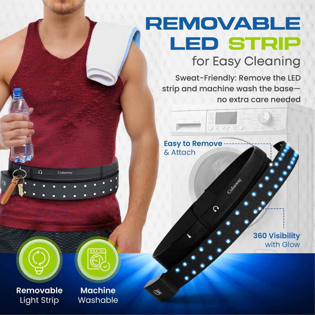 Colorway Led Running Belt – Day & Night Adjustable Waist Pack, Removable Light Strip, 3 Pouches for All Essentials, Reflective Running Gear for Men & Women (Rechargeable, Machine Washable)