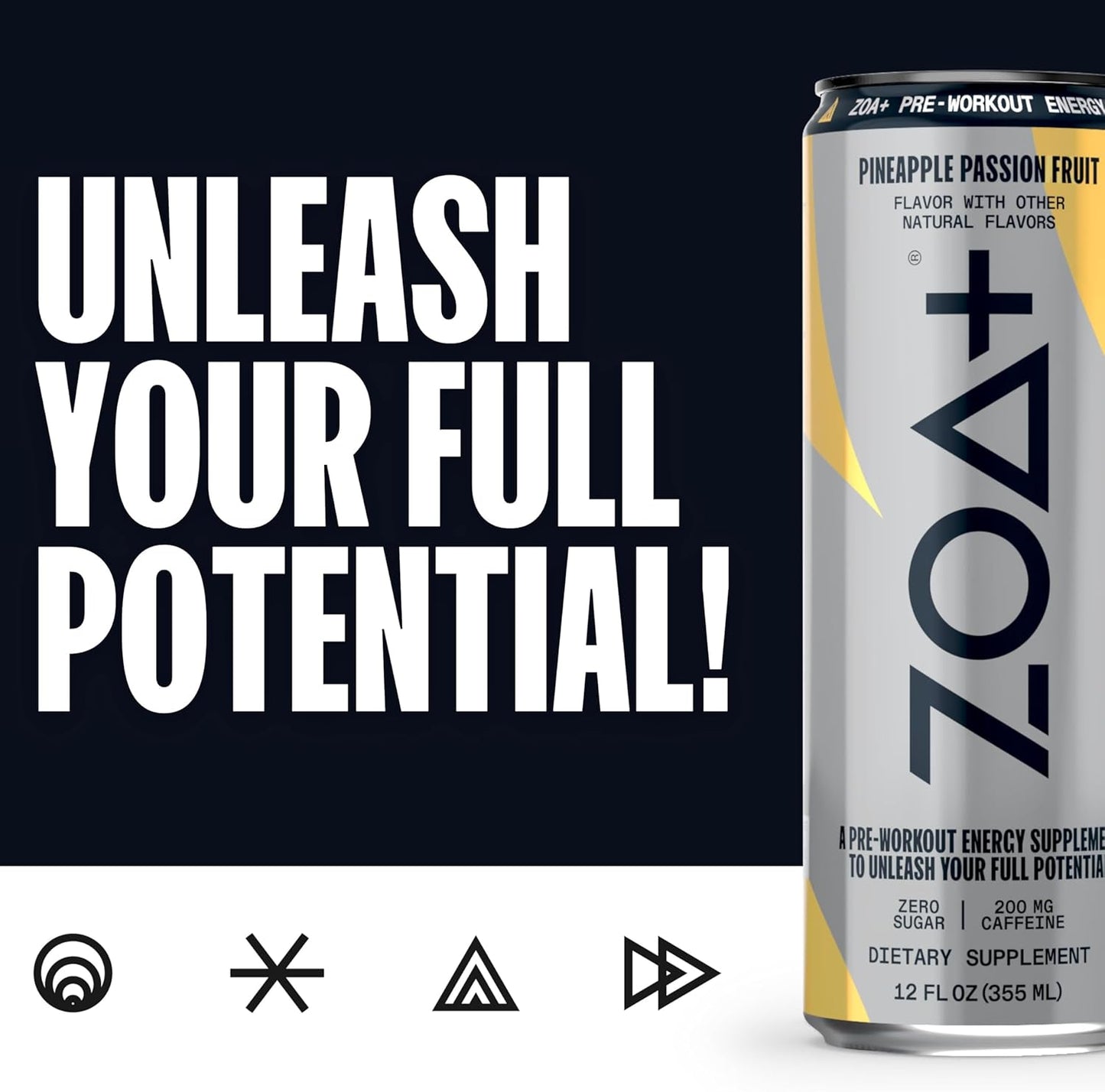 ZOA+ Pre-Workout Energy Drink Supplement - NSF Certified for Sport with Zero Sugar, Nitric Oxide Support, B & D Vitamins, Amino Acids, and Electrolytes (Pineapple Passion Fruit) - 12 pack