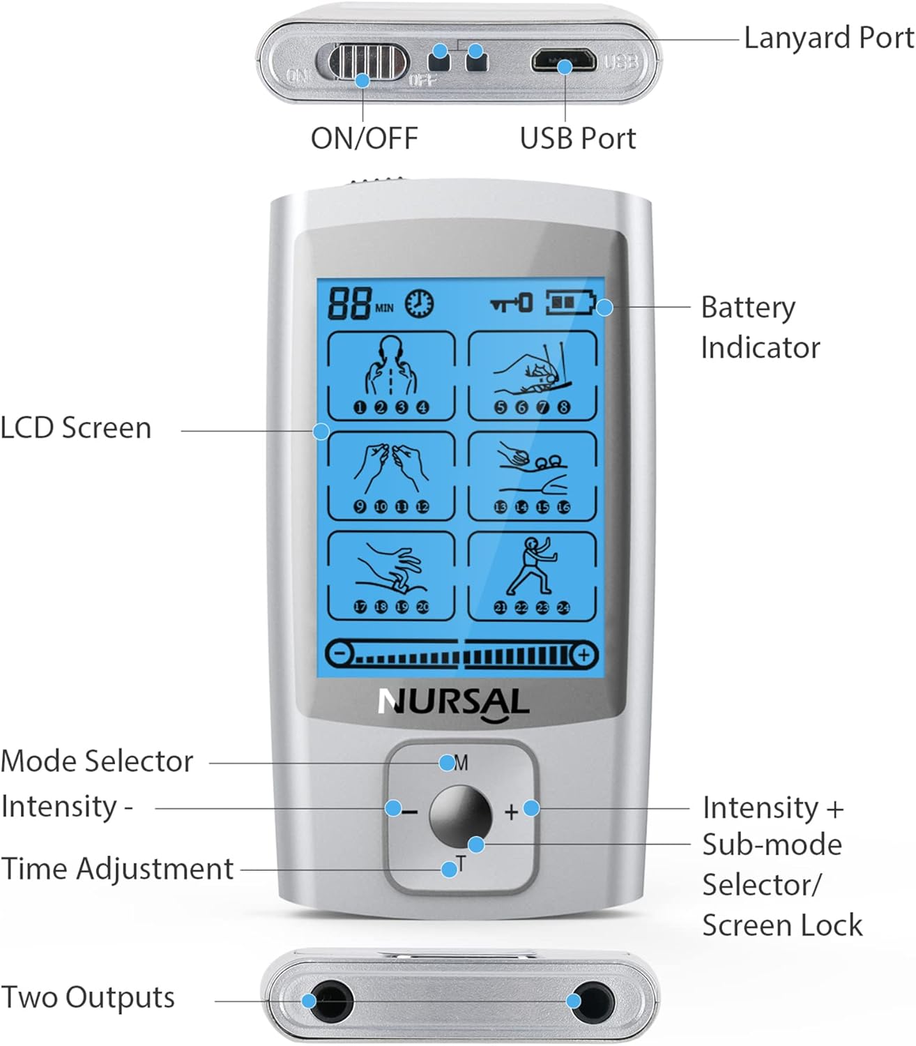 NURSAL 24 Modes TENS Unit Muscle Stimulator with Continuous Stimulation, Rechargeable Electronic Pulse Massager with 8 Pads for Back and Shoulder Pain Relief and Muscle Strength (Silver)
