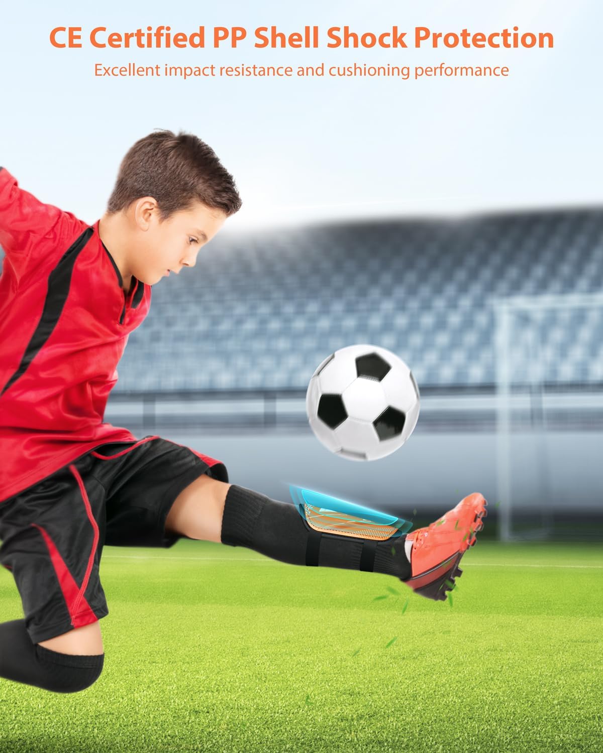 Shin Guards Soccer Kids Youth, CE Certified Airsfish Shin Guard Protection Gear for 2-18 Years Old Boys Girls Teenagers High Impact Resistant Breathable Comfortable 1 Pair 4 Sizes