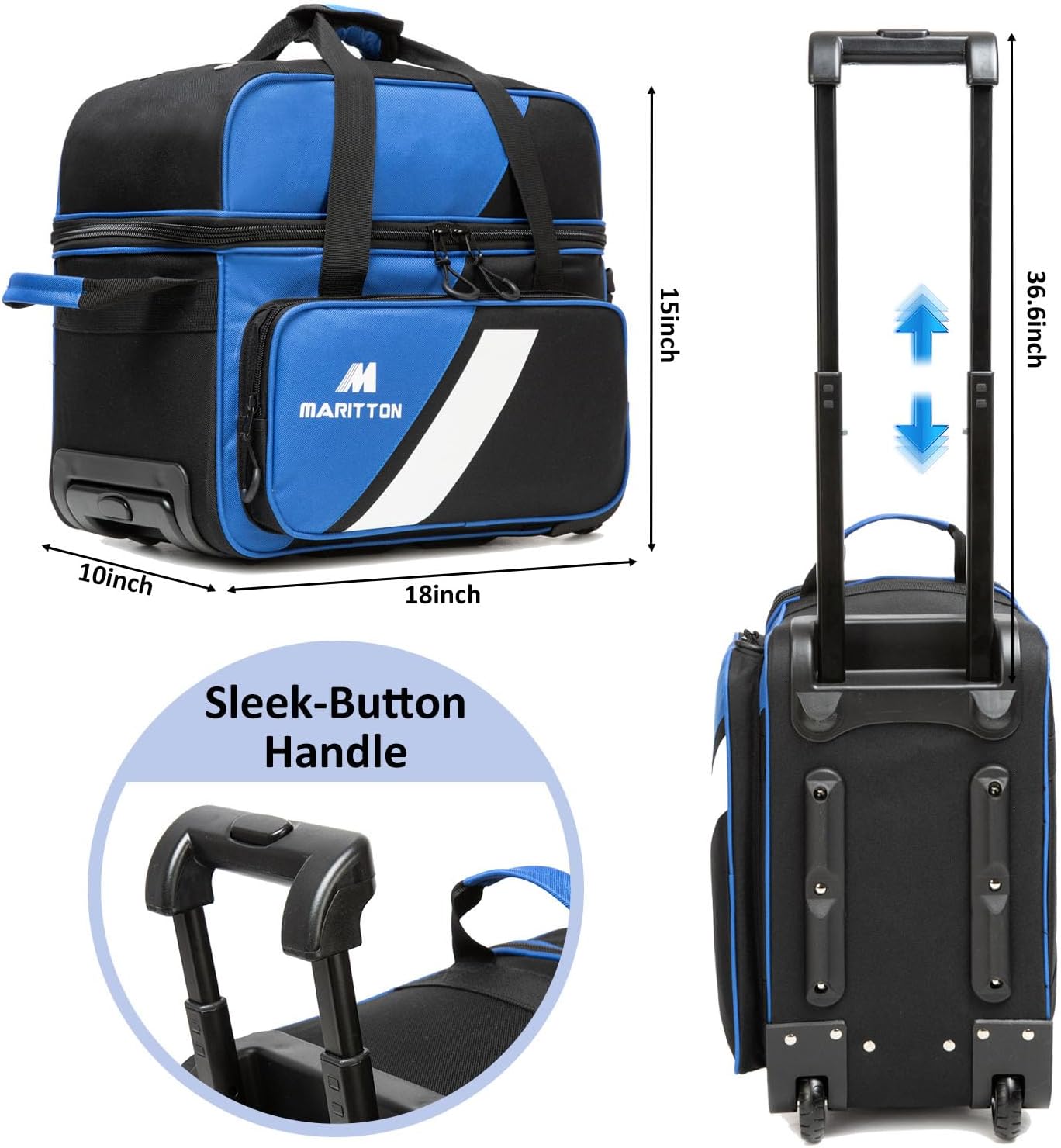 Bowling Bag with Wheels Double Roller 2 Ball Bowling Separate Shoe Compartment and Oversized Accessory Pocket, 36.6" Extendable Handle.