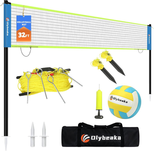 Portable Outdoor Volleyball Net Set for Backyard Beach with Adjustable Poles, Soft PU Volleyball & Pump, Carry Bag and Durable Anti-Sagging Net