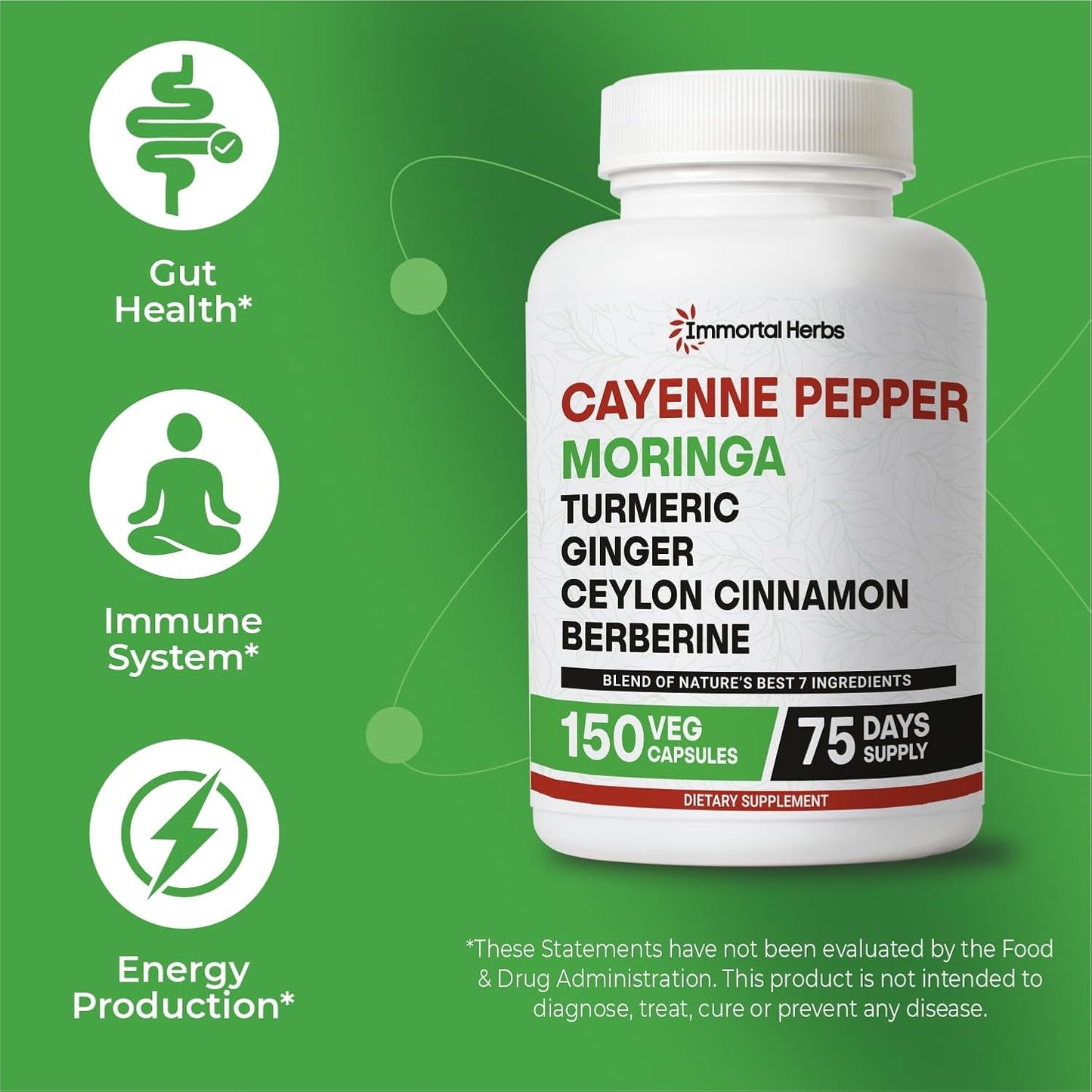 Cayenne Pepper Moringa Turmeric Ginger Capsules, 150 Pills, Gut Health Supplement w/Extra Strength, Non-GMO & Gluten Free, Pure Berberine HCL and Ceylon Cinnamon Extract Powder