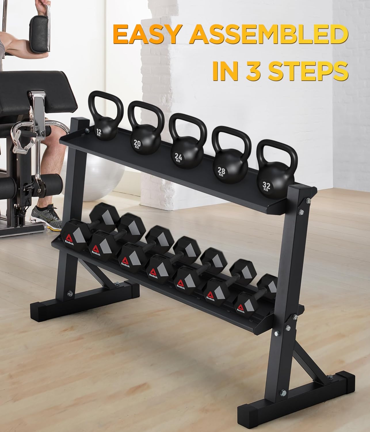 2-Tier 48" Dumbbell and Kettlebell Rack for Home Gym, 1000LBS Weights Storage for Free Weights, Dumbbells, Kettlebells and Medicine Ball