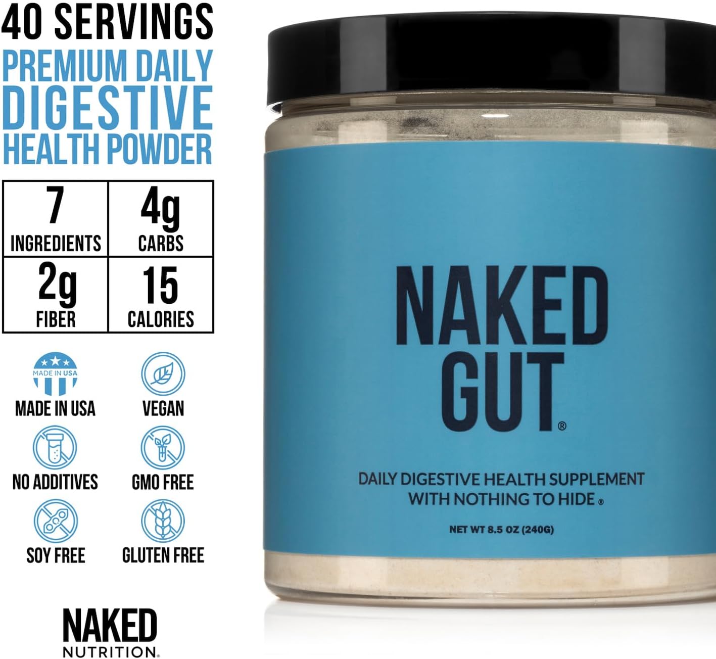 NAKED Gut - Daily Gut Health Supplement - Natural Gut Health Powder for Gut Cleanse, Digestive Support, GMO-Free, Soy-Free, Gluten-Free, Vegan and Hypoallergenic, 40 Servings