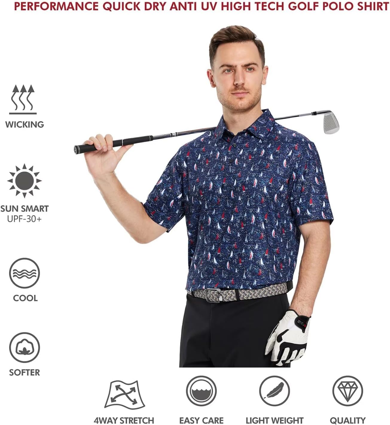 Men's Golf Polo Shirts Short Sleeve Striped Performance Moisture Wicking Dry Fit Golf Shirts for Men