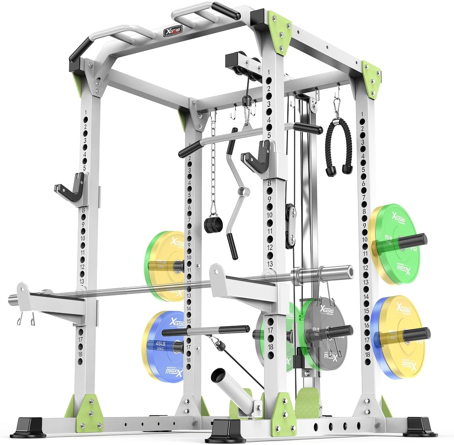 Power Cage Multi-Function Power Rack with Cable Crossover System,1800 LBS Capacity Squat Rack with Weight Bench,for Home Gym