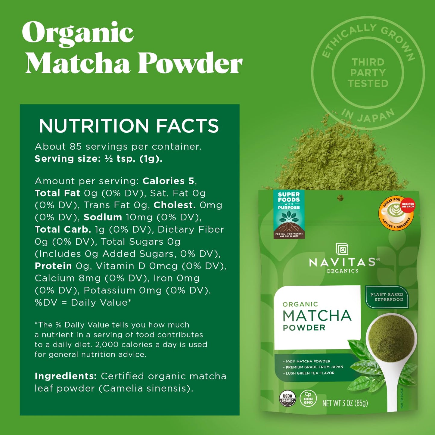 Navitas Organics Matcha Powder – For Tea, Lattes, Smoothies, Desserts & More – Energy & Antioxidants – Premium Culinary Grade – USDA Organic, Non GMO, Gluten Free, Kosher, Vegan (3oz. Bag 85 Servings)