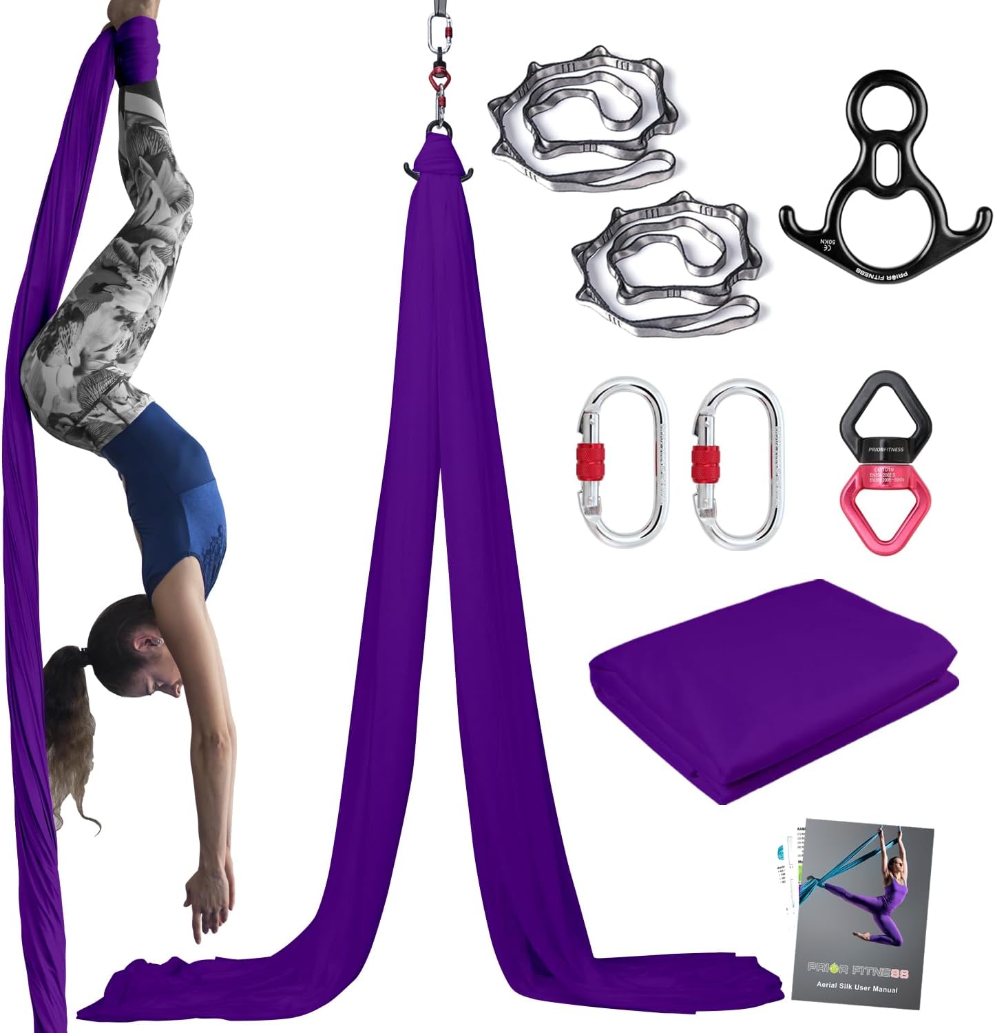 PRIOR FITNESS Aerial Silks Kit Colorful 9/15/20 Yards 40D Nylon Fabric Hammock Set With Hardware & Guide for All Levels Of Aerial Yoga Practice and Acrobatic Flying For Adults Aerial silk