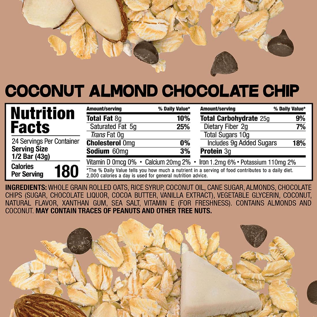 Bobo's Oatmeal Bars, Coconut Almond Chocolate Chip, Gluten Free Vegan Whole Grain Oat Bars, Pack of 12