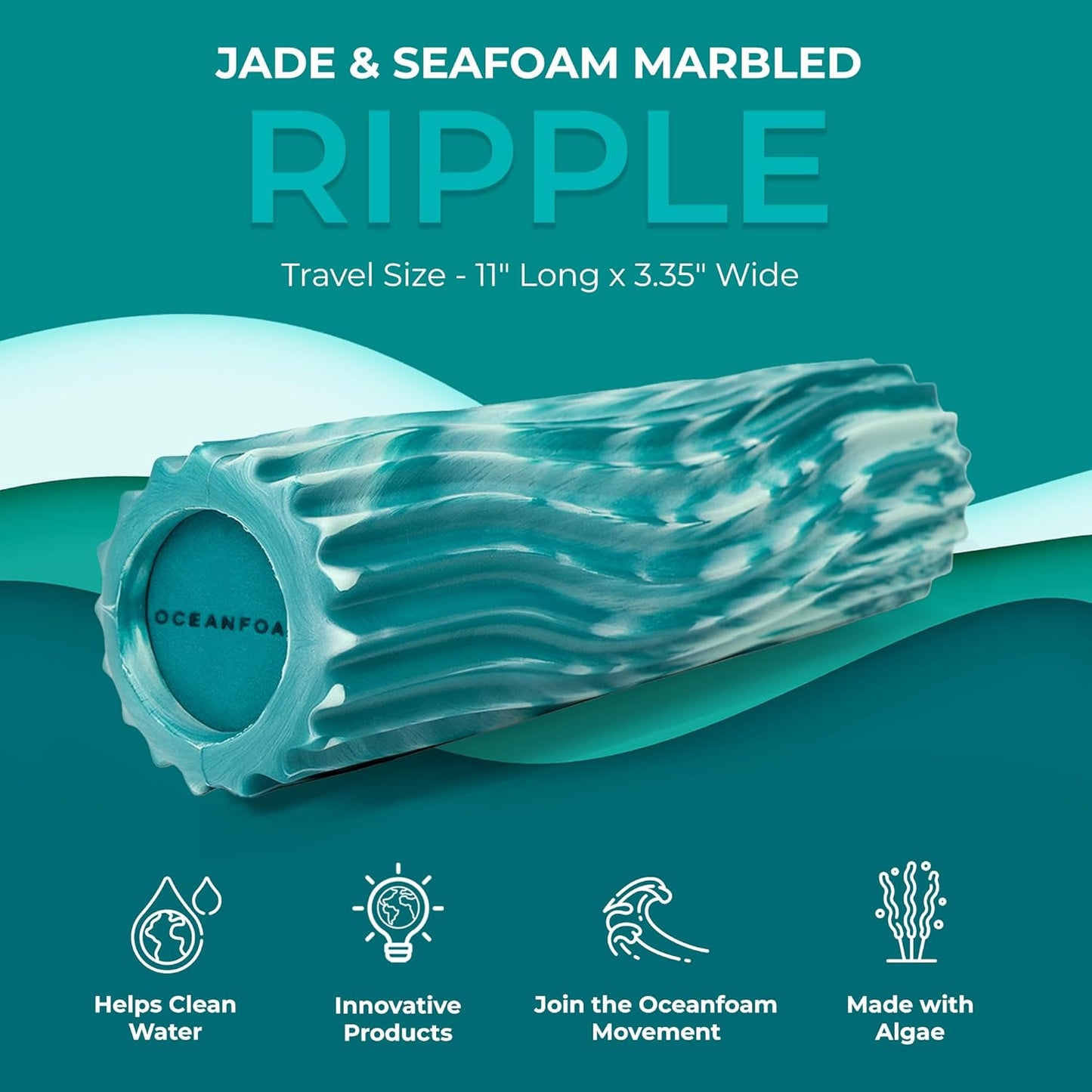 Oceanfoam Ripple Travel Foam Roller (11" x 3.35") Firm Mini Foam Roller for Physical Therapy, Deep Tissue Massage, Back Pain - High Density, Wave Textured - Yoga, Exercise (Jade & Seafoam Marbled)
