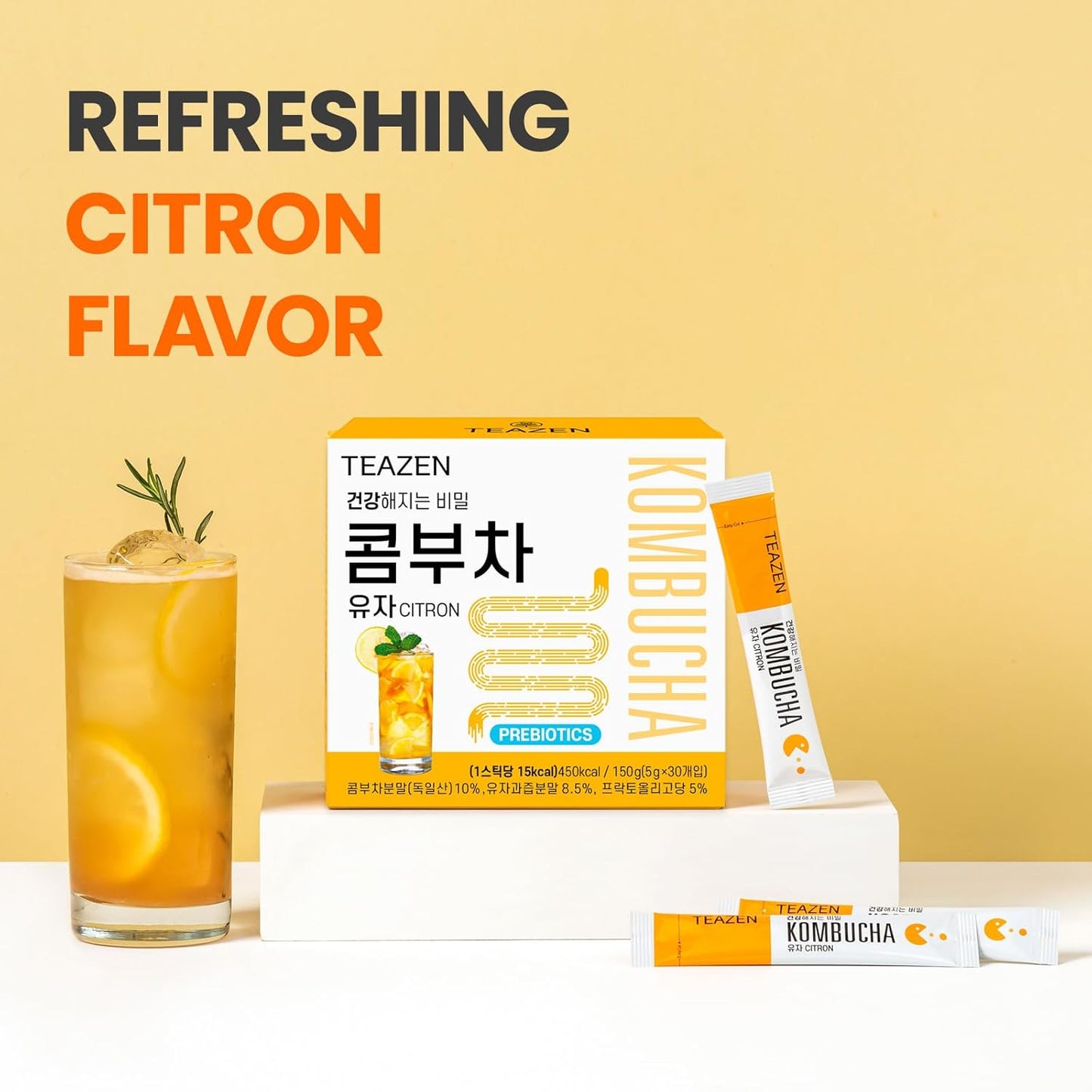 TEAZEN Citron Kombucha Tea, Hydration Drink Mix, Sugar Free, Live Probiotics & Prebiotics, 30 Sticks, 5.29oz