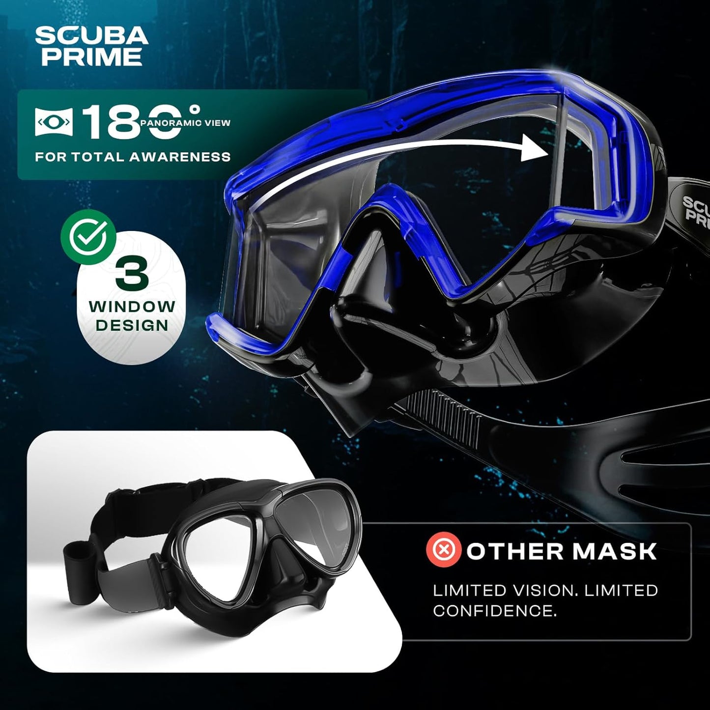 Pano 3 Scuba Diving Mask, Tempered Glass Snorkel Mask Three-Window Scuba Mask No-Leak Dive Mask Silicone Skirt Diving Mask for Snorkeling and Scuba Use