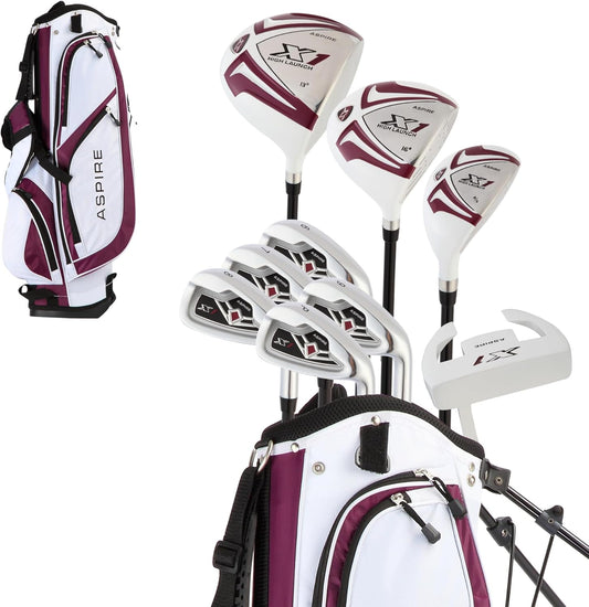 Aspire X1 Womens Golf Clubs Full Set, Includes Driver, Fairway, Hybrid, 6-PW Irons, Putter, Stand Bag, 3 H/C's, Light Graphite Shafts, Golf Clubs Women Right Handed, Purple, Regular or Petite Size