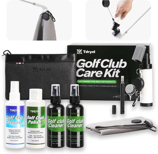 Pro Golf Club Care Kit – Cleaner, Polish, Brush, Groove Sharpener, Grip Cleaner, Magnetic Towel & Leather Bag – Restores Clubs, Removes Rust & Scratches, Renews Tackiness