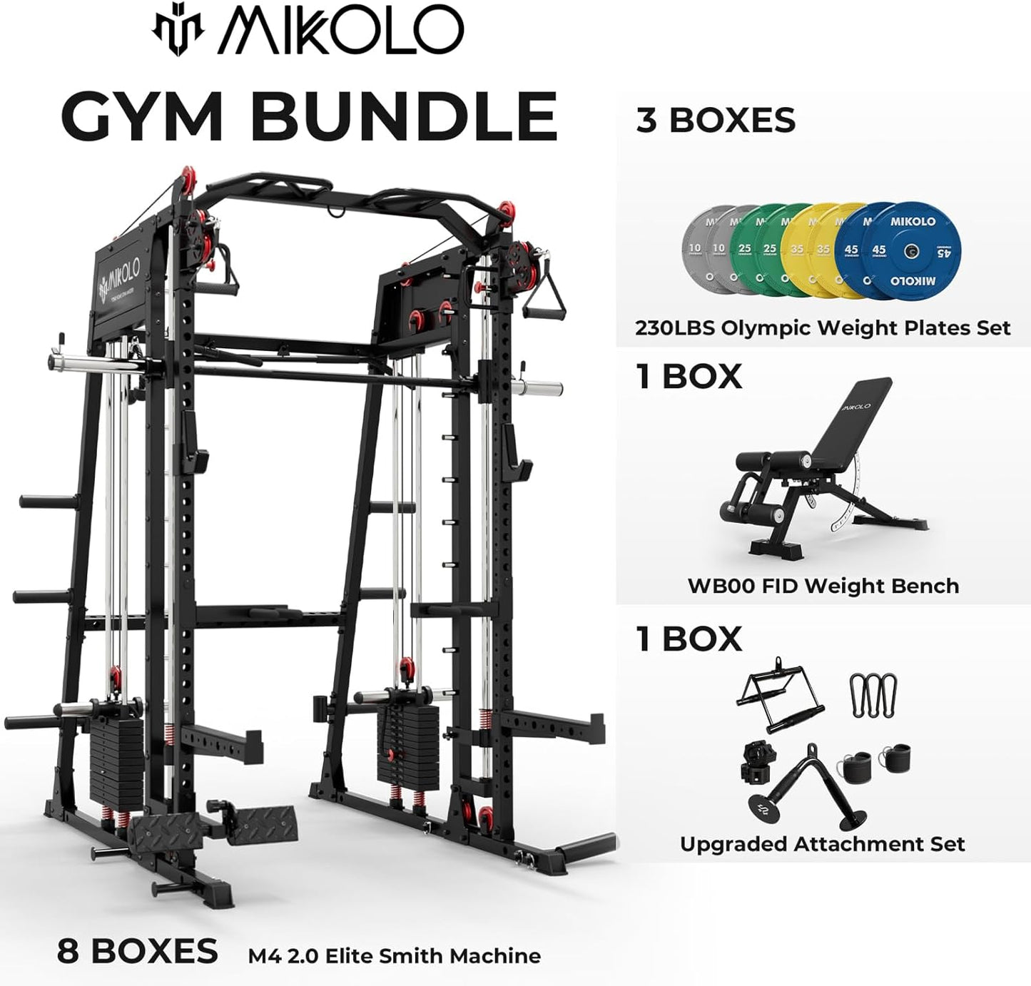 Mikolo Smith Machine, 2200lbs Squat Rack with LAT-Pull Down System & Cable Crossover Machine, Training Equipment with Leg Hold-Down Attachment