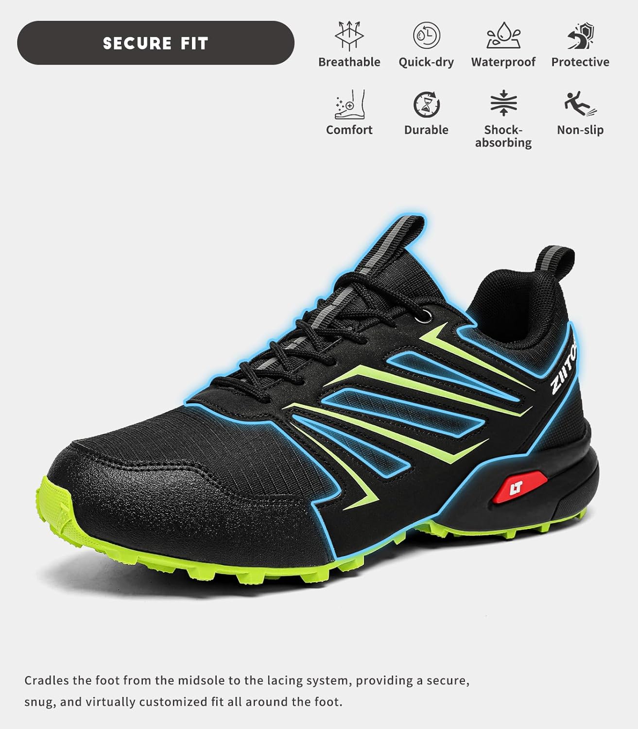 Mens Trail Running Shoes Waterproof Non-Slip Hiking Walking Sneakers for Outdoor Trailing Trekking Camping Quest Black