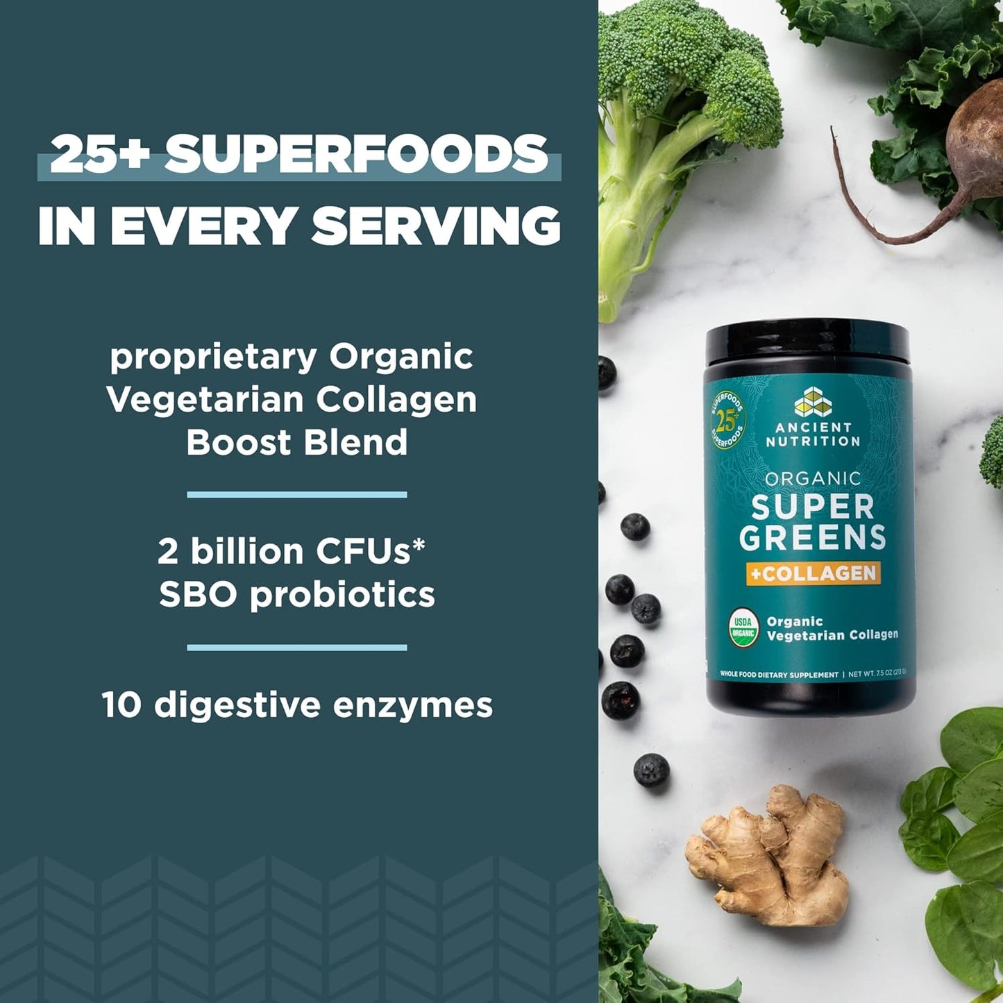 Ancient Nutrition Supergreens Powder, Organic Superfood Powder with Collagen, Made from Real Fruits, Vegetables and Herbs, for Digestive and Energy Support, 25 Servings, 7.5oz