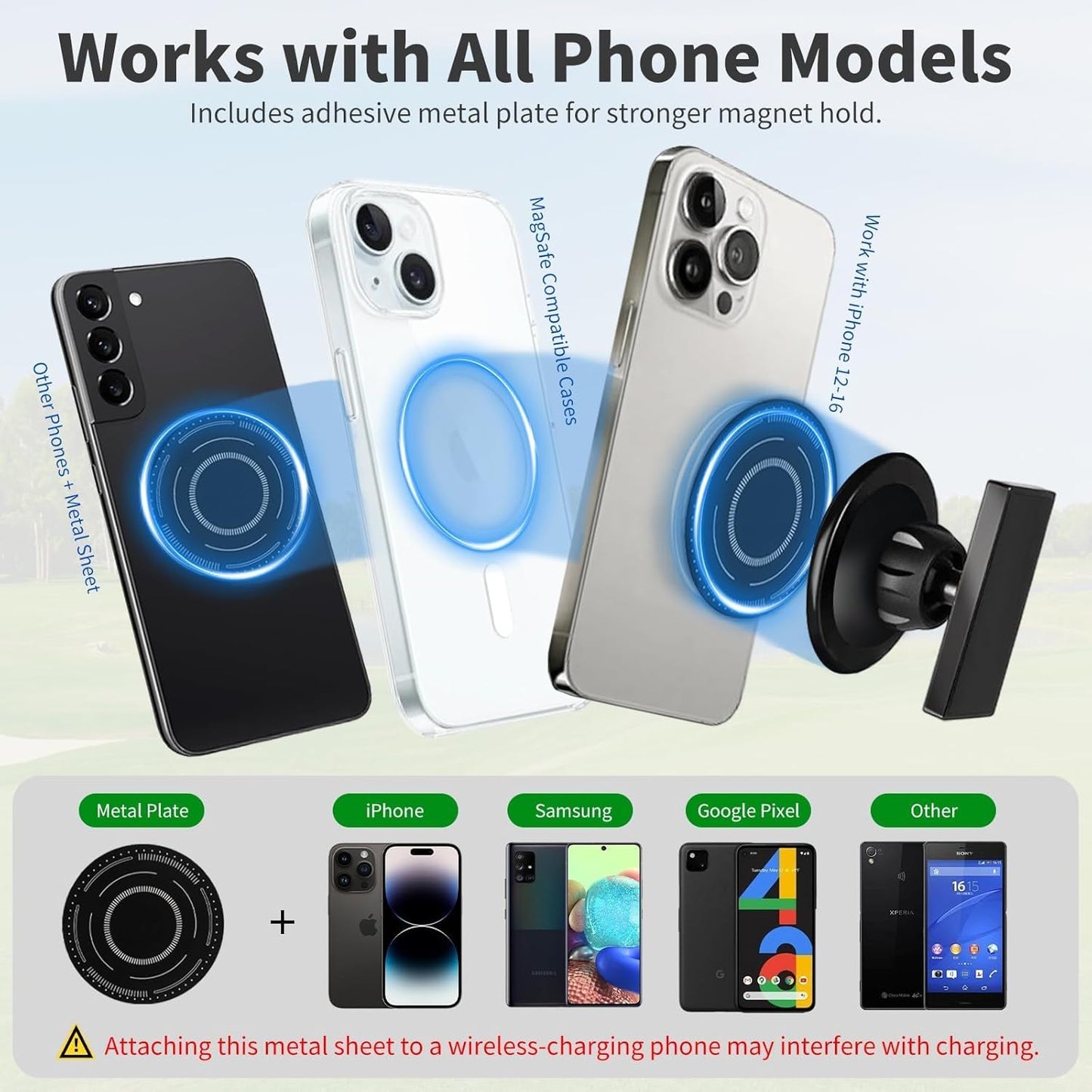 Magnetic Golf Cart Phone Holder Work with Magsafe iPhone 16-12 Series and All Phones, Fits Yamaha, EZGO, Club Car Golf Cart, Alloy Strong Magnetic Phone Mount for Gym, Kitchen, with Metal Plate