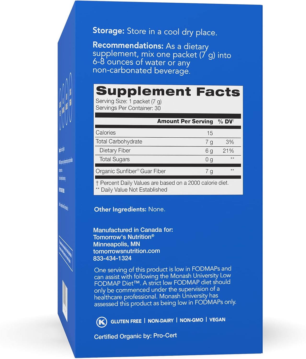 Tomorrow's Nutrition, Organic Sunfiber Stick Packs, Prebiotic Fiber Supplement for Digestive Health, Low FODMAP, Gluten-Free, 30 Packets, Blue