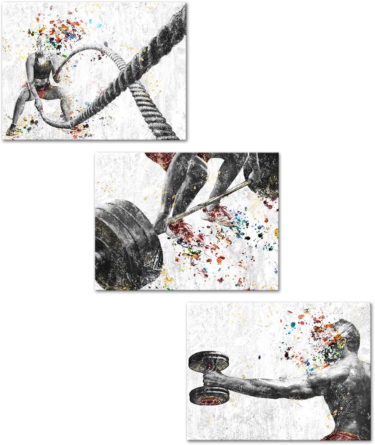KREATIVE ARTS 3 Pieces Fitness Gym Canvas Wall Art - 12"x16" Framed Workout Prints with Weightlifting, Dumbbell, Barbell & Fitness Rope Motifs, Black & White Sport Painting, Home Gym Decor