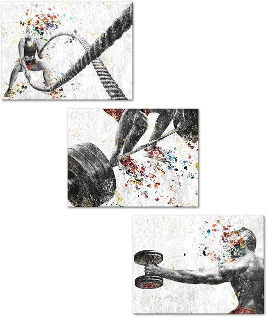 KREATIVE ARTS 3 Pieces Fitness Gym Canvas Wall Art - 12"x16" Framed Workout Prints with Weightlifting, Dumbbell, Barbell & Fitness Rope Motifs, Black & White Sport Painting, Home Gym Decor