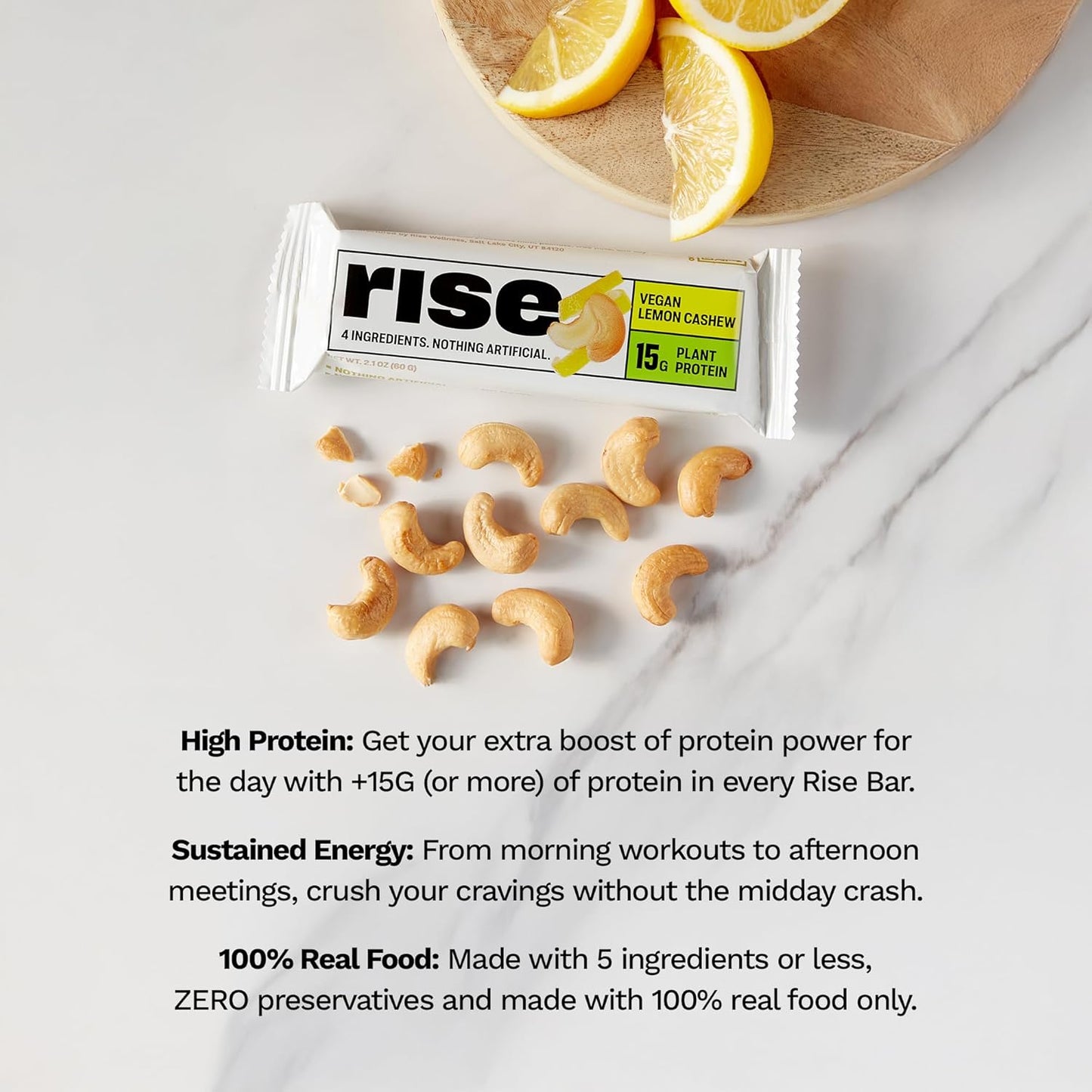 Rise Pea Protein Bar - Vegan Lemon Cashew | Breakfast Bar & Protein Snack 15g Protein Just 3 Whole Food Ingredients Non-GMO Gluten-Free Soy Free