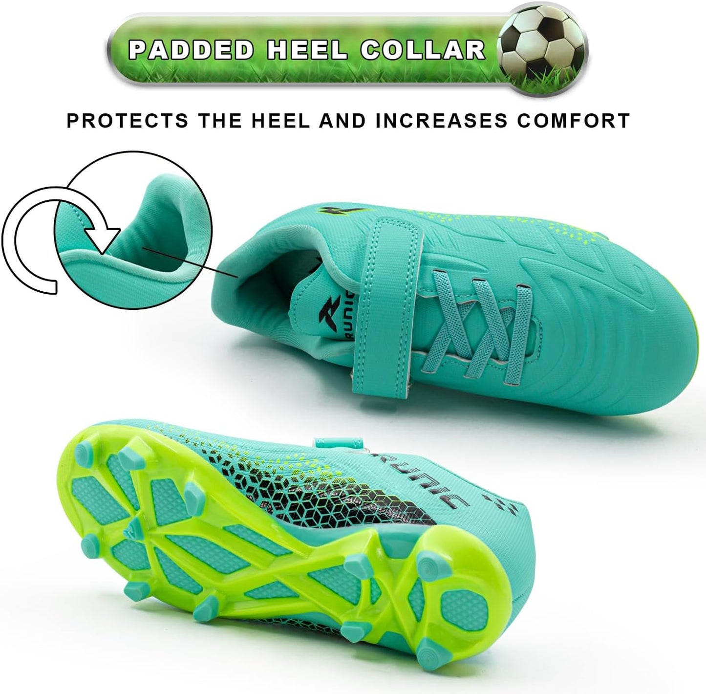 RUNIC Kids Soccer Cleats for Boys and Girls - Small and Big Kid Athletic Outdoor Football Shoes - Firm Ground - Hook and Loop Closure - Black/Gold