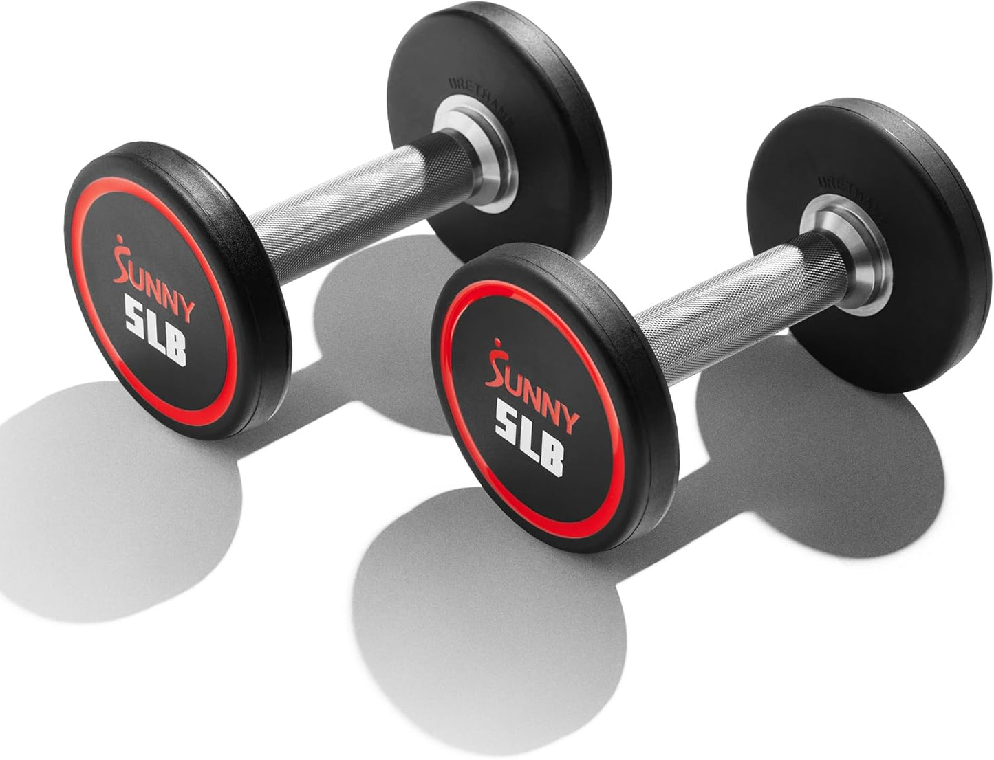 Sunny Health & Fitness Premium Polyurethane Commercial Grade Round Dumbbells with Diamond Knurled Handle, Durable Strength Training Equipment for Home Gym, 5-50LB