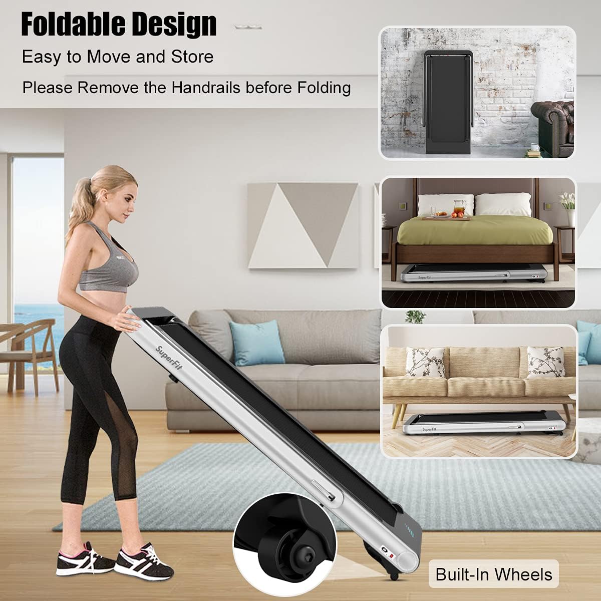 GYMAX Walking Pad, 4.75HP Under Desk Treadmill with LED Touch Screen, App Control, Built-in Speaker & Handle, 2 in 1 Folding Compact Portable Treadmill for Home Small Space