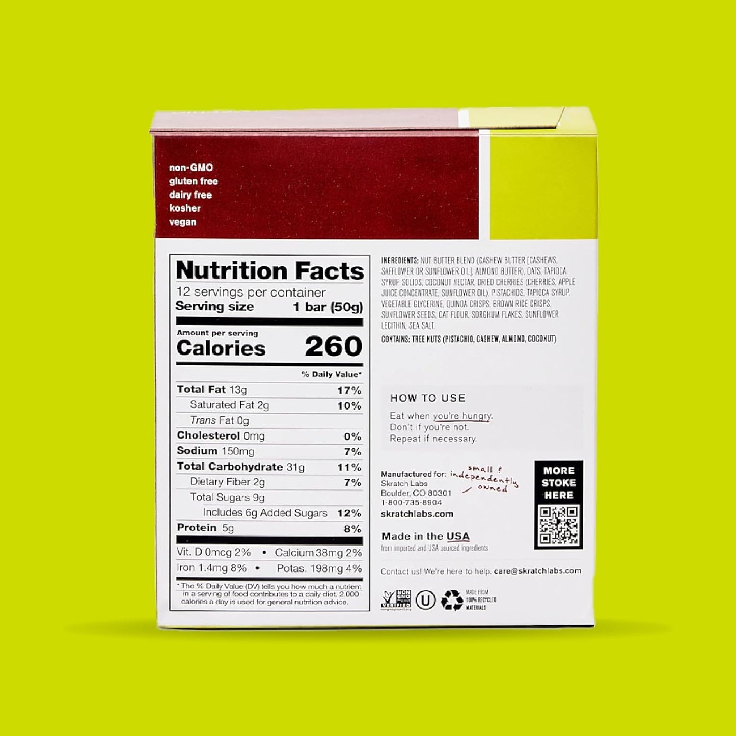 Skratch Labs Energy Bar | Cherry + Pistachio (12 Pack) | Plant Based Healthy Snack | Low Sugar - 5g Protein | Non-GMO, Gluten Free, Soy Free, Vegan, Kosher