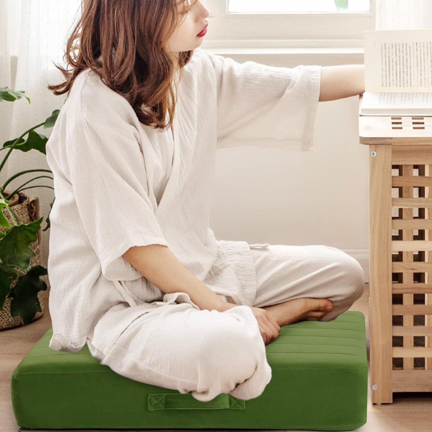 MeMoreCool Square Floor Pillow Seating for Adults Kids, Large Meditation Cushion Floor Pillow with Thick Foam & Soft Tufted Cover, Washable Big Pillow Seat Floor Cushion for Sitting Yoga 22" Green