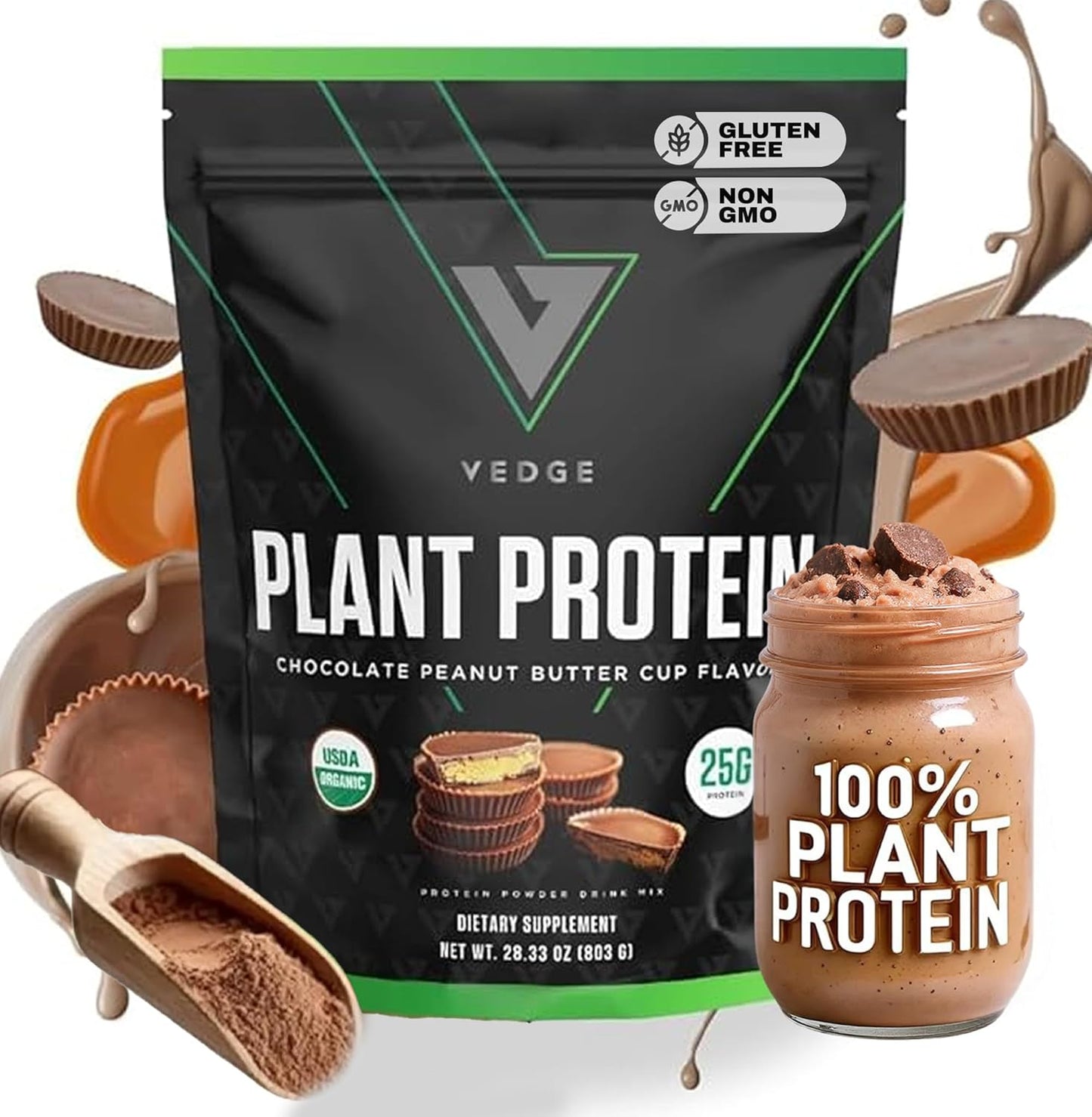 vedge Vegan Protein Powder - Plant Protein Powder with Pea, Pumpkin & Sunflower - USDA Organic, Amino Acids, Dairy Free, Gluten Free, Soy Free, Keto, Non GMO - Peanut Butter Cup - 20 Servings