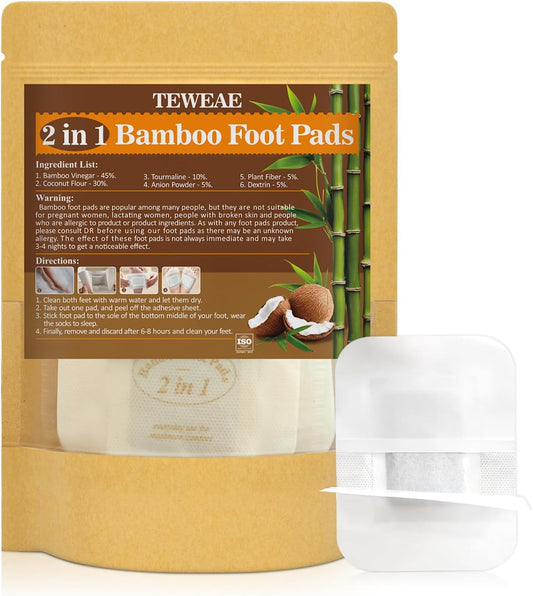 2 in 1 Foot Pads, Bamboo Vinegar Coconut Shell Powder Foot Pads with ''Stay in Place'' Bigger Adhesive Sheet(10 Pads)