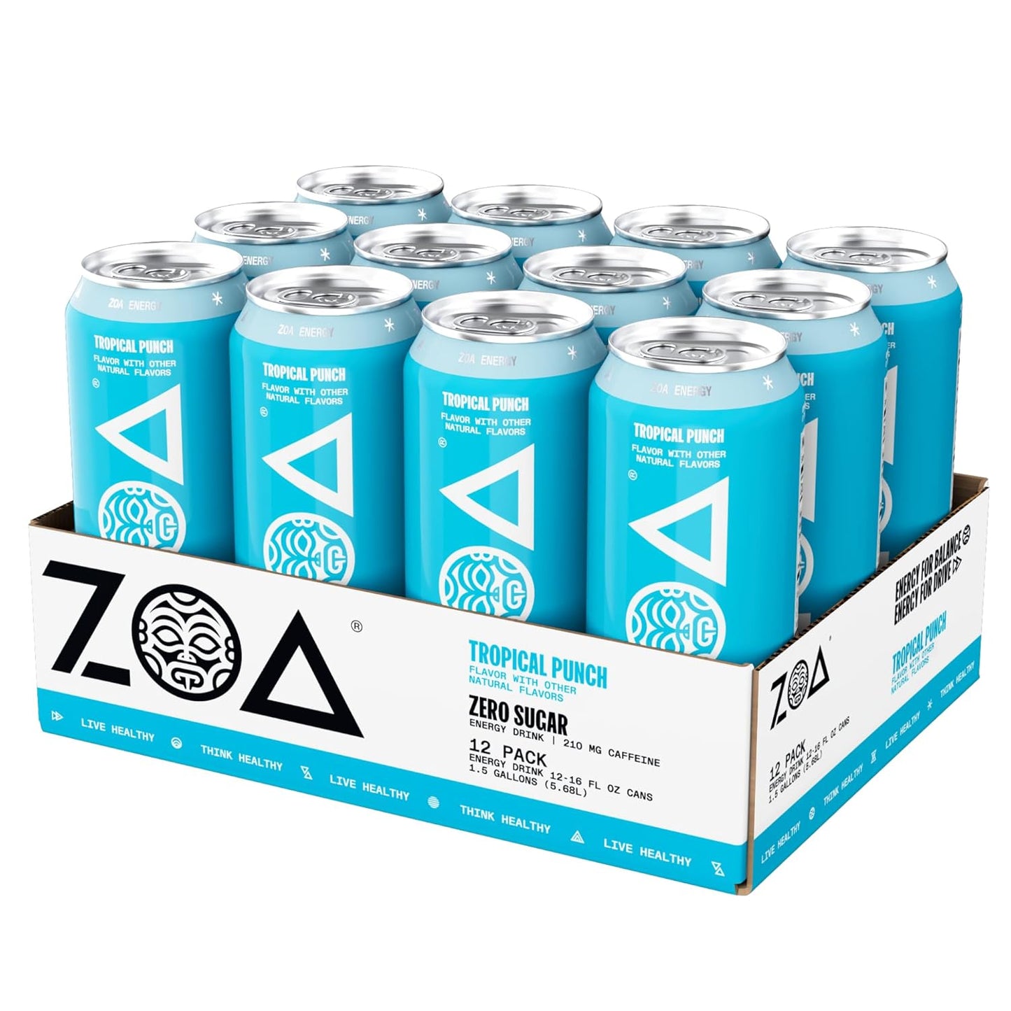 ZOA Zero Sugar Energy Drinks, Tropical Punch - Sugar Free with Electrolytes, Healthy Vitamin C, Amino Acids, Essential B-Vitamins, and Caffeine from Green Tea - 16 Fl Oz (12-Pack)