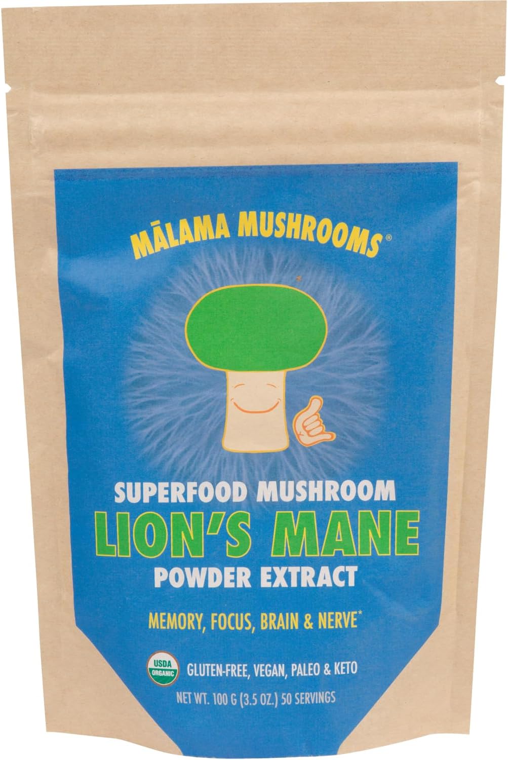 Lion's Mane Extract Powder by Malama, Organic Fruiting Body Lions Mane Mushroom Powder, Superfood Adaptogenic, Supports Memory, Focus, Brain, & Nerves