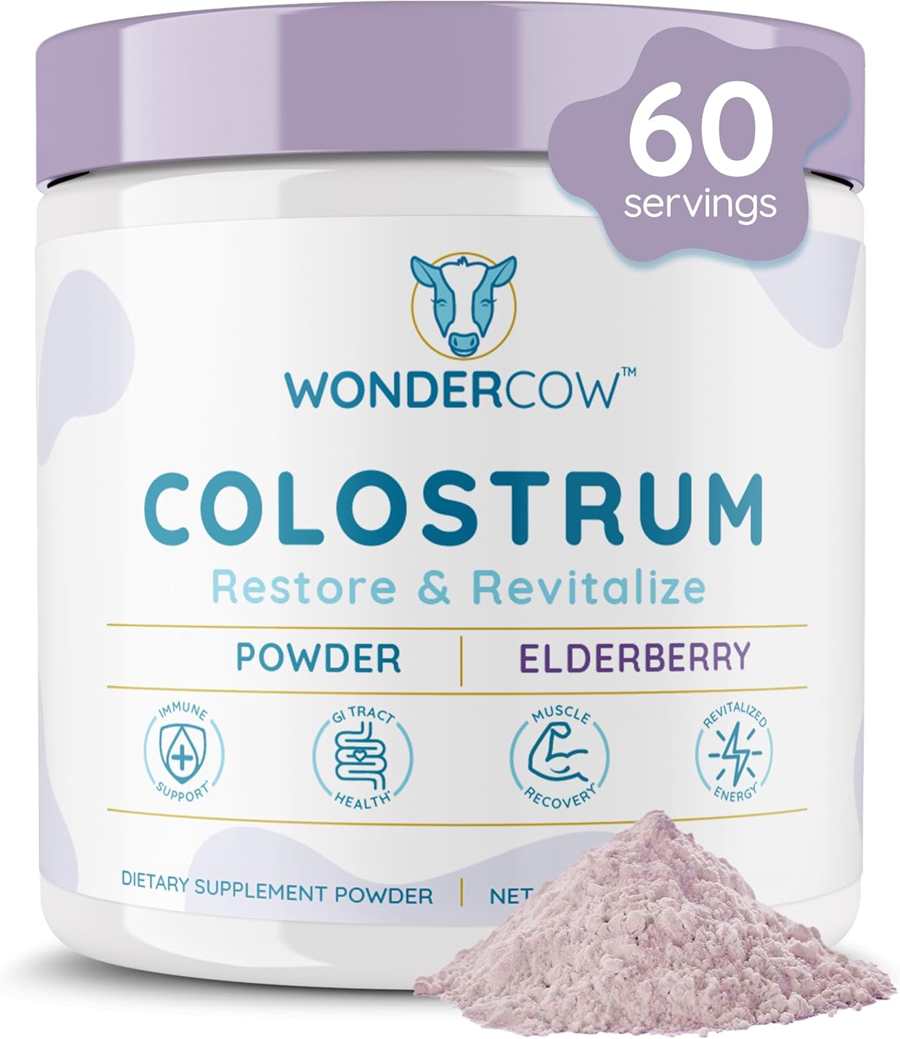 Colostrum Supplement Powder for Gut Health, Immune Support, Muscle Recovery & Wellness | Natural IgG Pure Whole Bovine Colostrum Superfood, Elderberry, 60 Servings