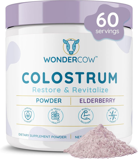 Colostrum Supplement Powder for Gut Health, Immune Support, Muscle Recovery & Wellness | Natural IgG Pure Whole Bovine Colostrum Superfood, Elderberry, 60 Servings