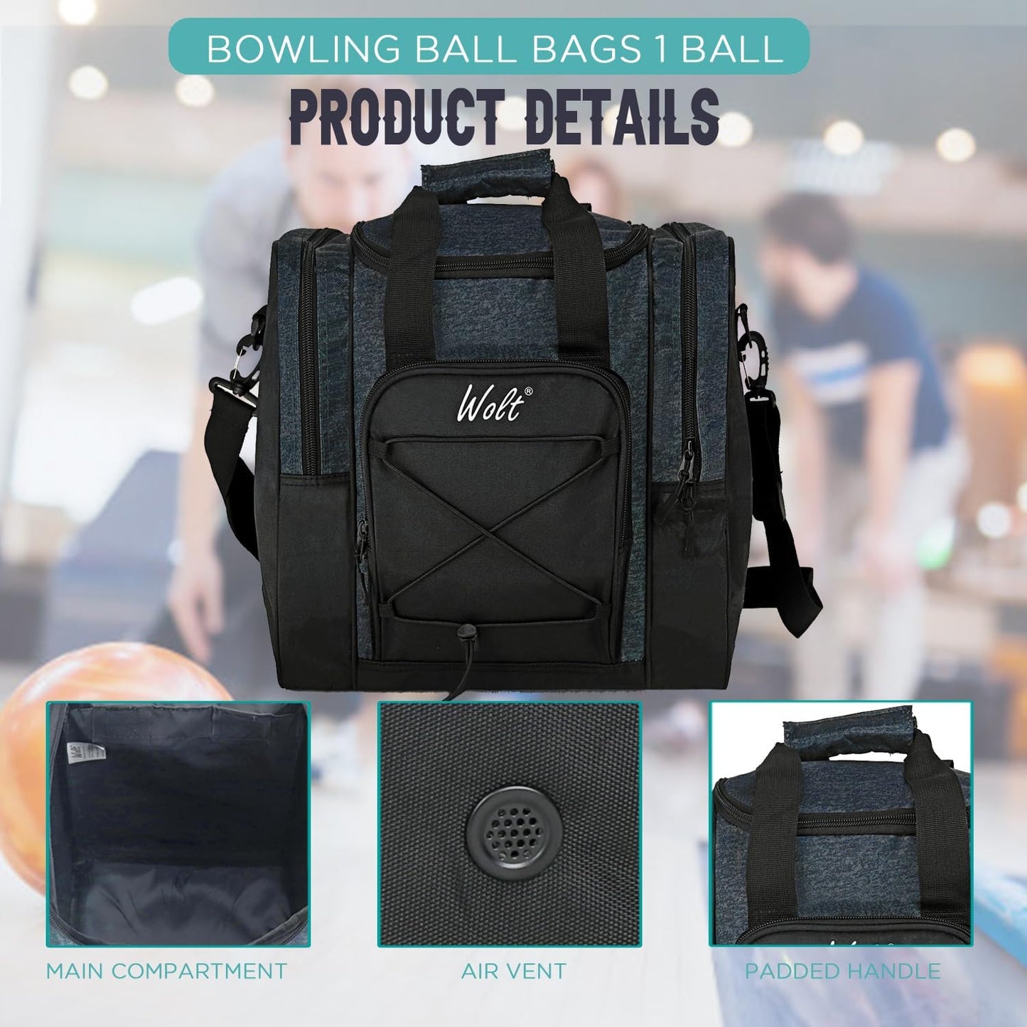 WOLT Bowling Ball Bag for Single Ball - Bowling Ball Tote Bag with Padded Ball Holder, 2 Pockets fit Bowling Shoes Up to Mens Size 14 and Accessories