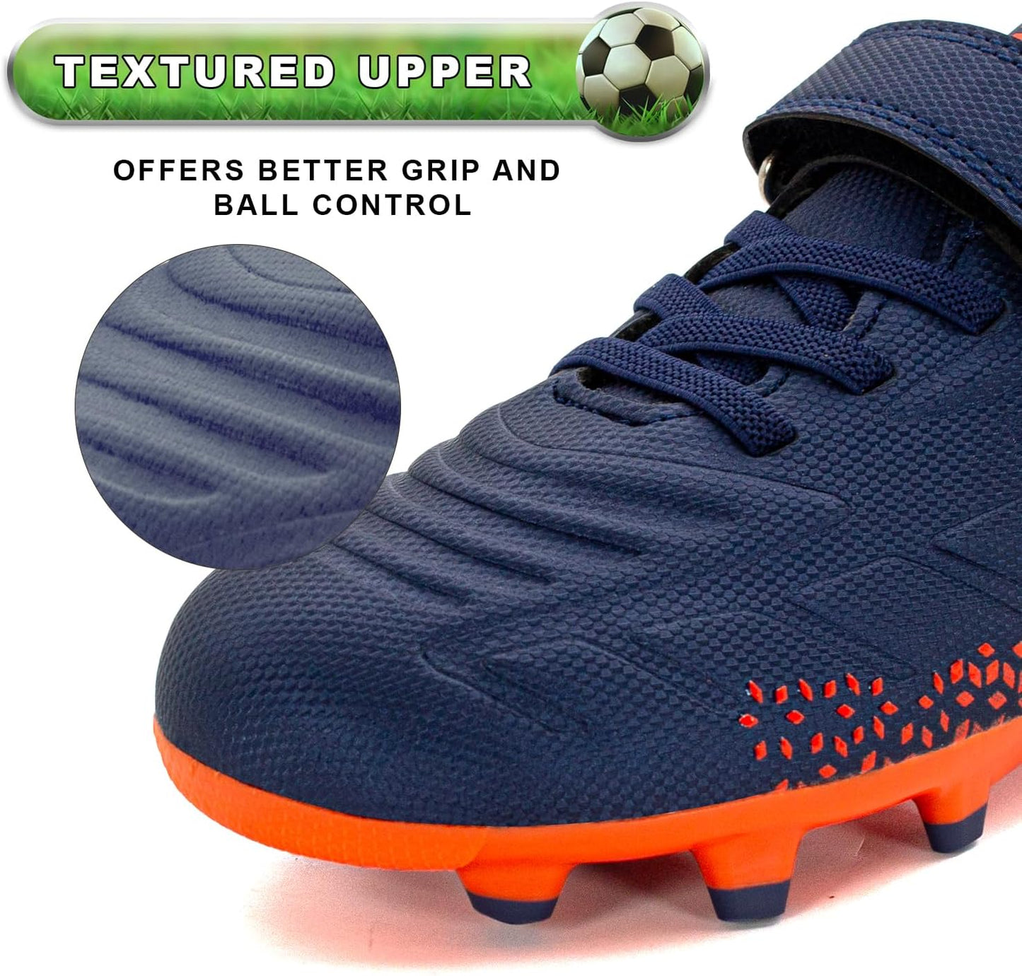 RUNIC Kids Soccer Cleats for Boys and Girls - Small and Big Kid Athletic Outdoor Football Shoes - Firm Ground - Hook and Loop Closure - Black/Gold