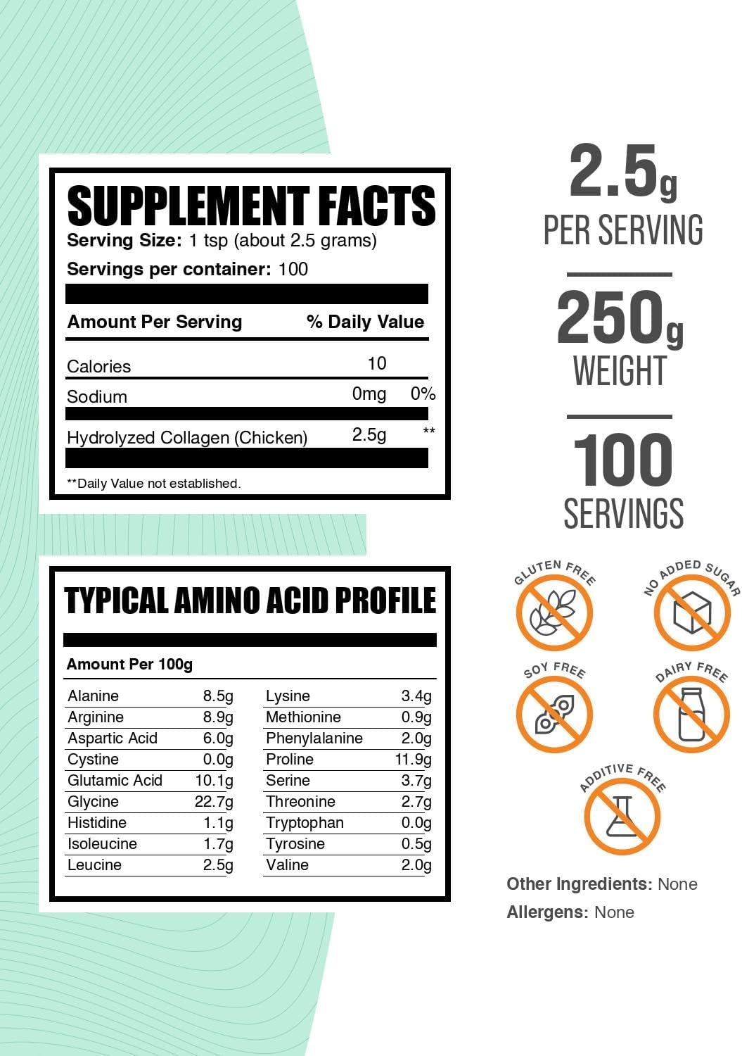 BulkSupplements.com Chicken Collagen Powder - Hydrolyzed Collagen Supplement, for Hair, Skin, & Nails - Unflavored & Gluten Free, 2.5g per Serving, 250g (8.8 oz) (Pack of 1)