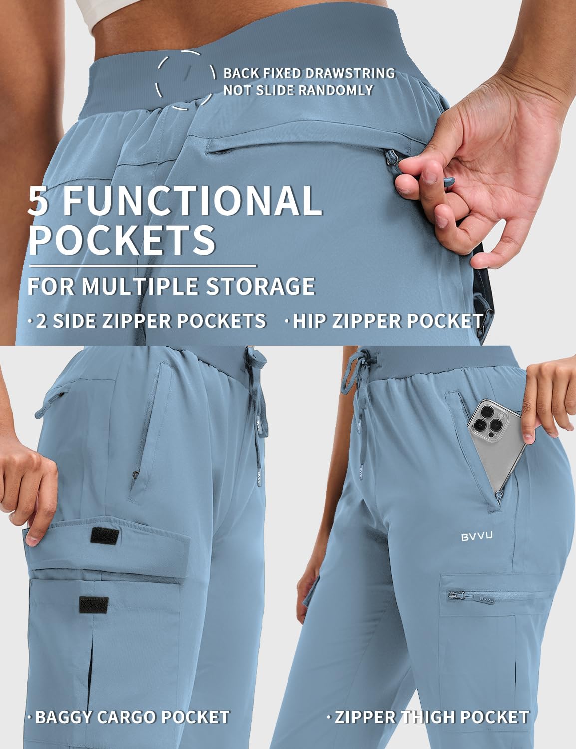 BVVU Women's Hiking Pants Lightweight Quick Dry Travel Outdoor Pants Waterproof Work Cargo Joggers with Zipper Pockets