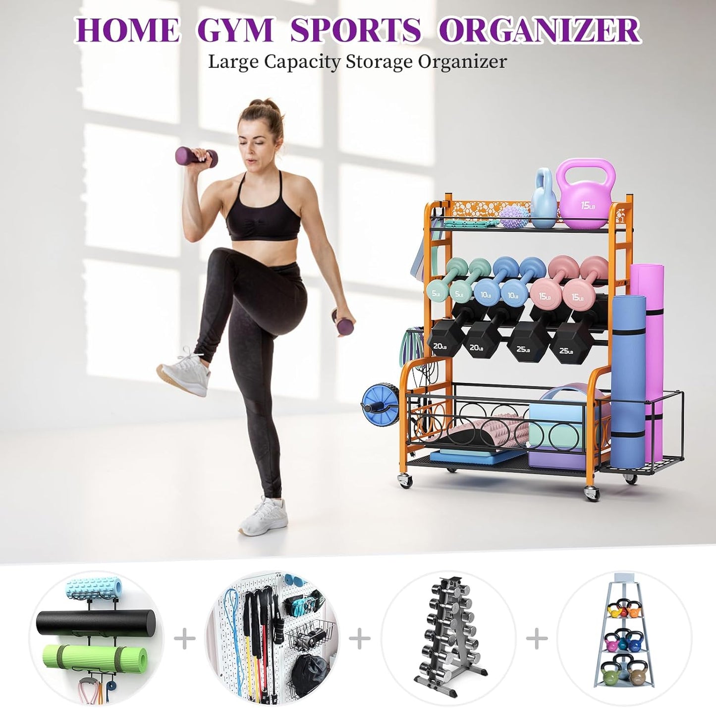 Dumbbell Rack, VOPEAK Weight Rack for Home Gym, Home Gym Storage Rack for Yoga Mat Kettlebells and Strength Training Equipment, Weight Storage Rack for Dumbbells with Wheels