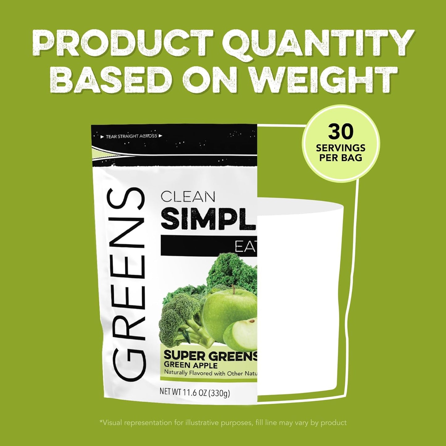Clean Simple Eats Super Greens Powder, Naturally Flavored Greens Powder with Chlorella, Spirulina, Superfoods & Prebiotic Fiber, No Artificial Ingredients, Gluten Free, Green Apple Flavor, 30 Servings