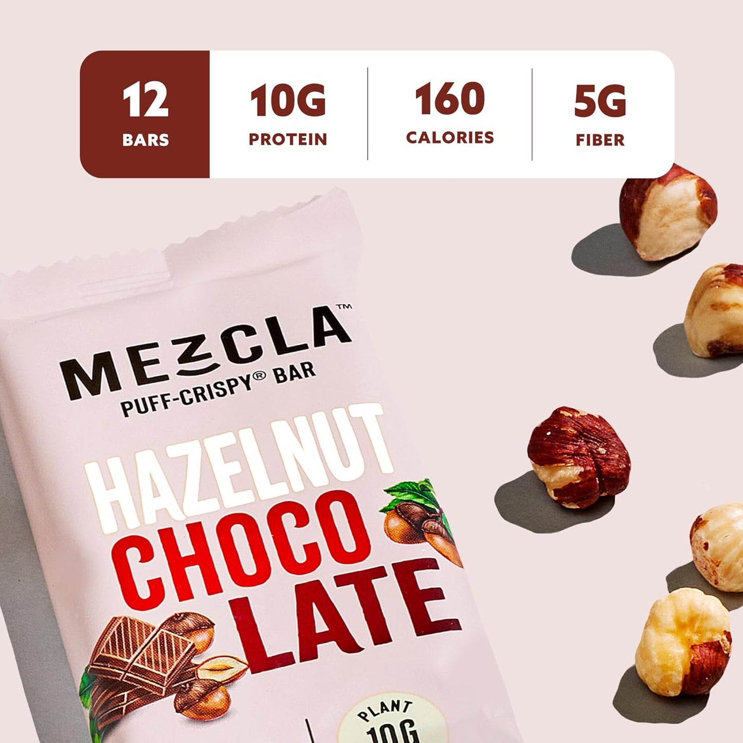 Mezcla Puff Crispy Protein Bars, Gluten Free & Vegan Protein Bars, 10g Protein, Alt for Crispy Rice Treat, Granola Bars & Breakfast Bars, Healthy Snacks for Adults, Hazelnut Chocolate, 12 Pack