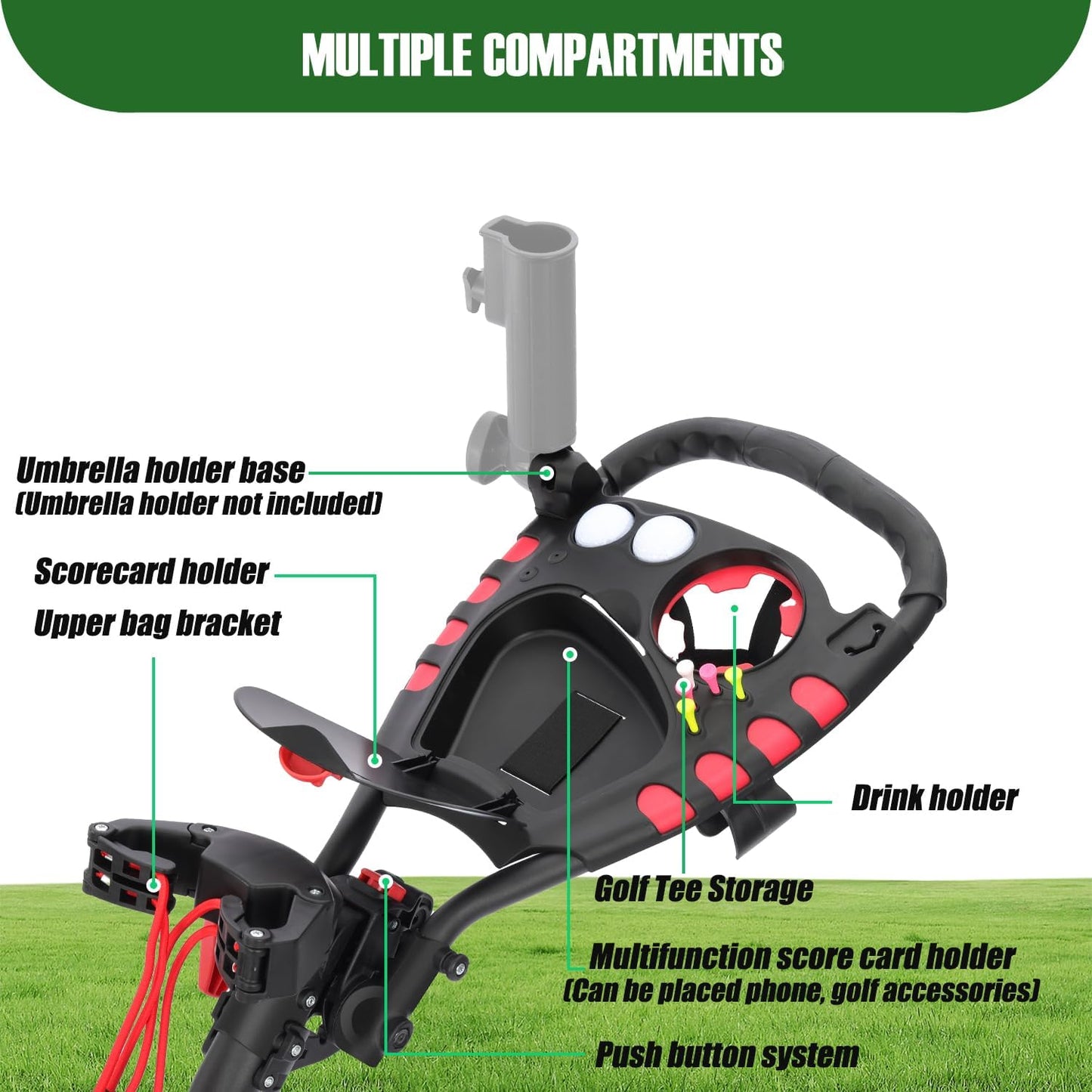 Golf Push Cart Series: 2-Wheel, 3-Wheel, 4-Wheel & 360° Swivel Front Wheel