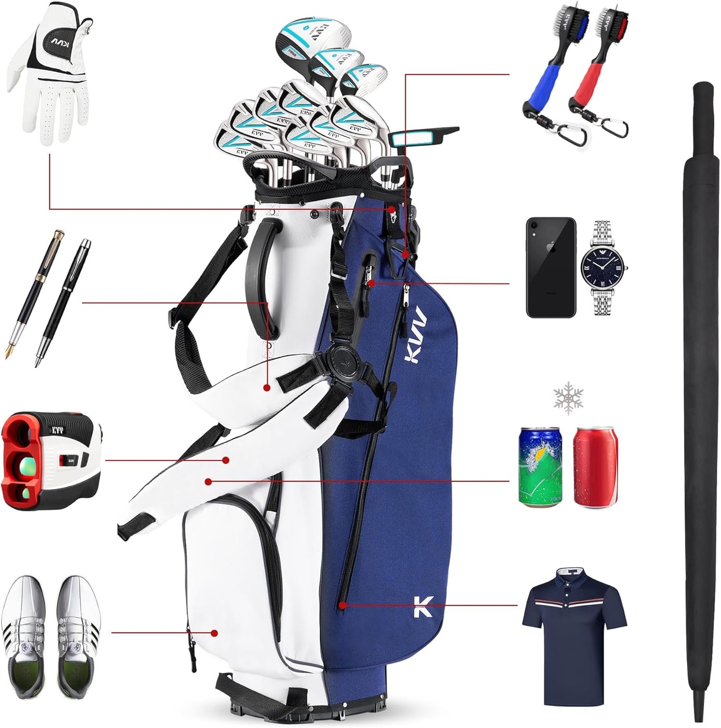 KVV Lightweight Golf Stand Bag with 7 Way Full-Length Dividers, 5 Zippered Pockets, Automatically Adjustable Dual Straps，Elegant Design